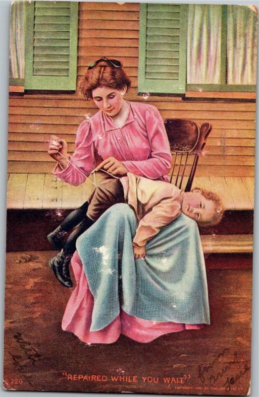 Mother Sewing Boy's Pants Over Her Knee Split Seam c1906 Vintage Postcard M16