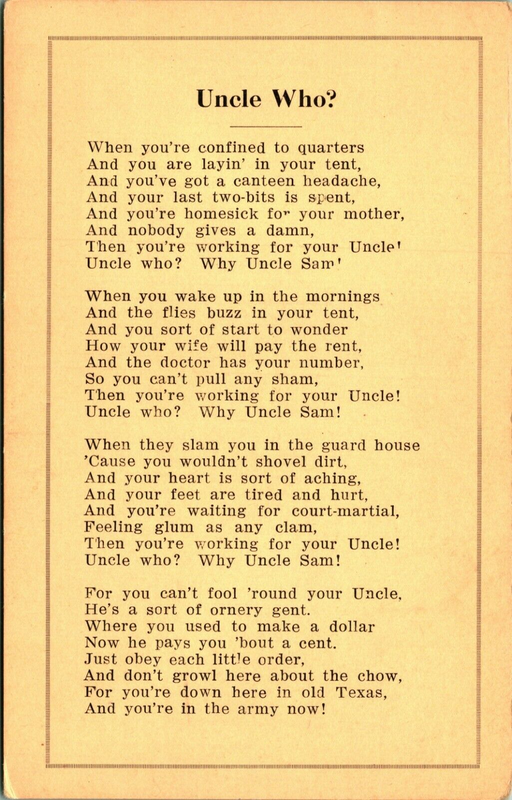 Uncle Who? Uncle Sam Poem by William Hervey Allen UNP 1910s DB Postcard