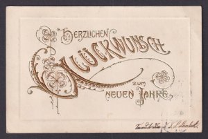 Germany vintage postcard 1910 calligraphy clovers New Year greetings embossed