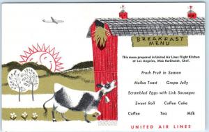 UNITED AIR LINES Airlines   BREAKFAST MENU  Cow w/ Barn, Sunrise   Postcard