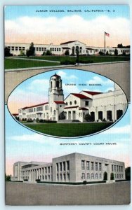 SALINAS, California CA ~ JUNIOR COLLEGE, High School, Court House 1940s Postcard