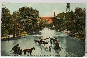 Texas San Antonio River with Court House Horses & Carriages c1910 Postcard A11