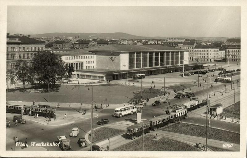 austria, WIEN VIENNA, Westbahnhof, Station, Tram Taxi Bus (1950s) RPPC Postcard