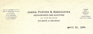 1944 James, Porter & Associates Accountants and Auditors Atlanta GA Letter 13-87