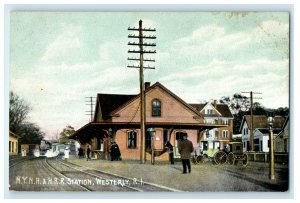 1910 Crowd Scene, NYNH & HRR Station, Westerly, Rhode Island RI Postcard