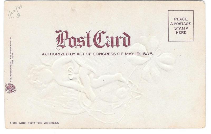 Valentine Postcard Cupid Angel Riding on Dove Shamrock 