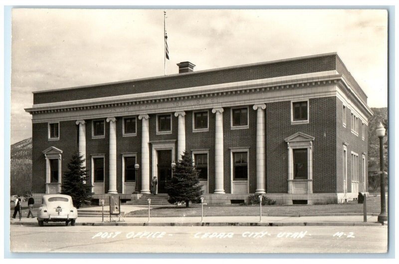 c1940's Post Office Building Car Scene Cedar City Utah UT RPPC Photo Postcard