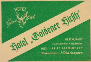 Germany Rosenheim Hotel Goldener Hirsch Vintage Luggage Label sk2358