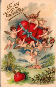Valentine's Day Postcard Cherub Angels Flying Large Hearts Wrapped in Ribbon