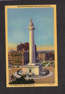 MD Washington Monument Statue Lafayette Mt Vernon Baltimore Maryland postcard