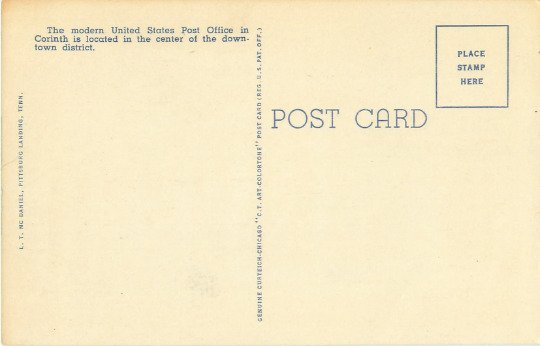 Corinth, Mississippi Post Office,  Linen Postcard Unused