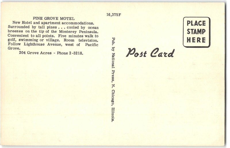 PINE GROVE MOTEL Pacific Grove, CA Roadside 1940s Linen Vintage Postcard