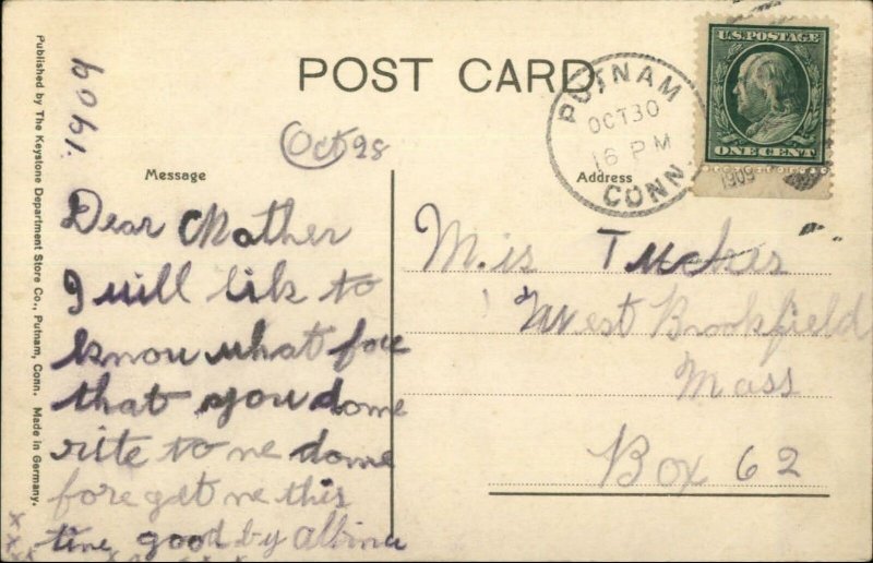 Putnam CT RR Train Station Depot 1909 Used Postcard