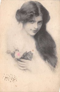 Pretty Lady Portrait with Flowers Hand Made Vintage Postcard AA109249