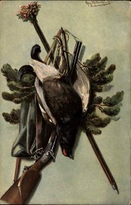 A/S HUNTING Dead Bird w Rifle c1910 Postcard