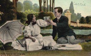 Vintage Postcard Lovers Couple Wine Toss Wedding Celebration Picnic Romanance