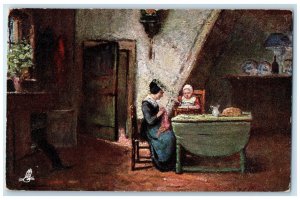 1905 Knitting Happy in a Cottage Flemish Home Oilette Tuck Art Postcard