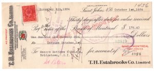 1934 Estabrooks, Red Rose Tea, Cheque w Canadian George V Stamp, Souris P.E.I.