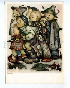 241667 GERMANY CHILDREN Hummel boys w/ lamp Vintage postcard