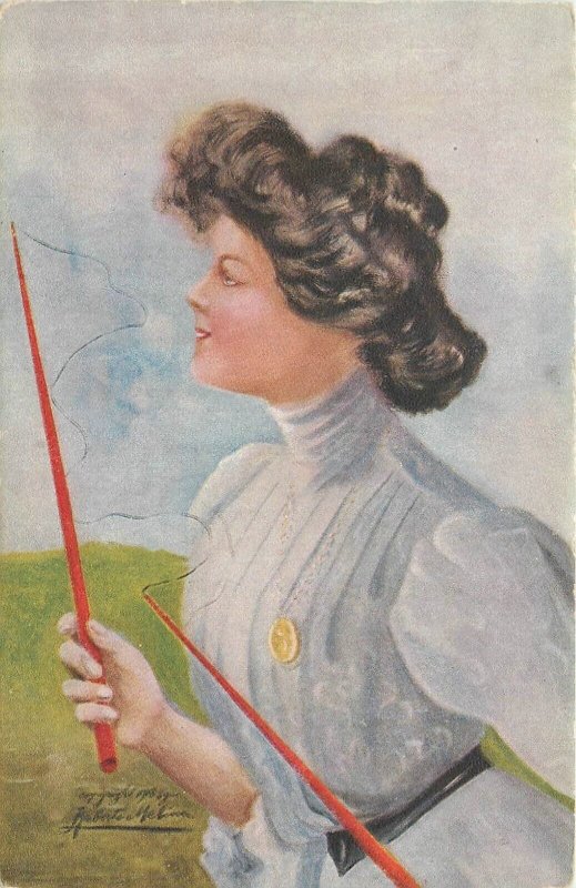 Postcard C-1910 Pretty Woman Diablo yoyo Game artist 23-13357