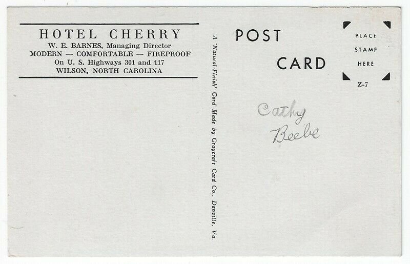 Wilson, North Carolina, Vintage Postcard View of Hotel Cherry