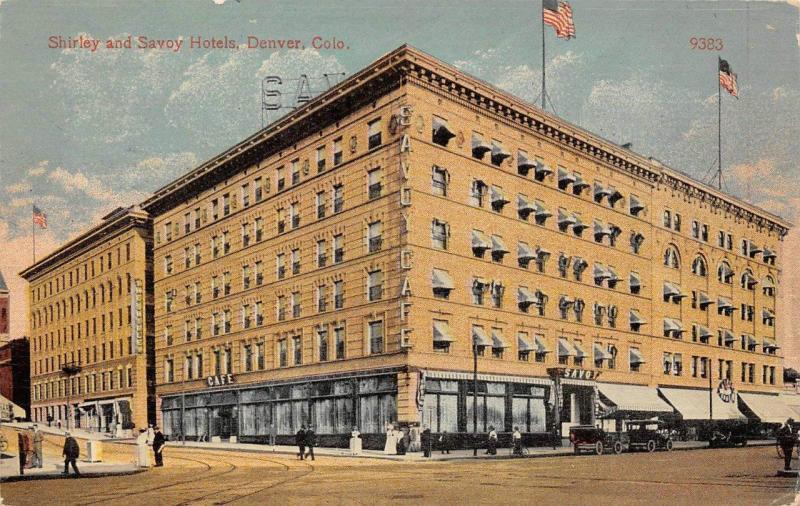 DENVER, CO Colorado    SHIRLEY AND SAVOY HOTELS   Cars     c1910's  Postcard