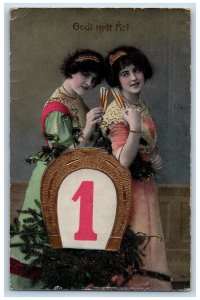 New Year Postcard Pretty Women Horseshoe Gel Gold Gilt Sweden c1910's Antique