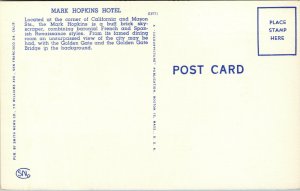 Vtg 1930's Mark Hopkins Hotel San Francisco California CA Linen Postcard