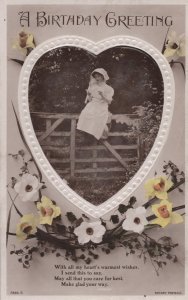 Farm Maiden On Fence Love Heart Old Greetings Real Photo Postcard