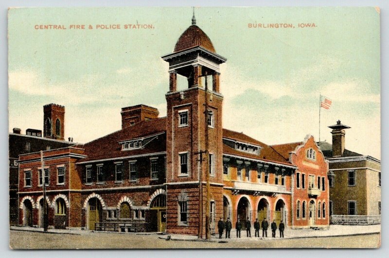 Burlington Iowa~Central Fire & Police Station~Officers Outside~c1910 Postcard 