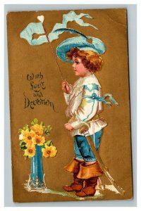 Vintage 1909 Postcard Boy Pirate Clothing Blue Flag Yellow Flowers Gold Face