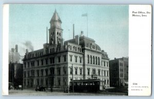 Des Moines Iowa IA Postcard Post Office Building Streetcar Exterior 1910 Vintage