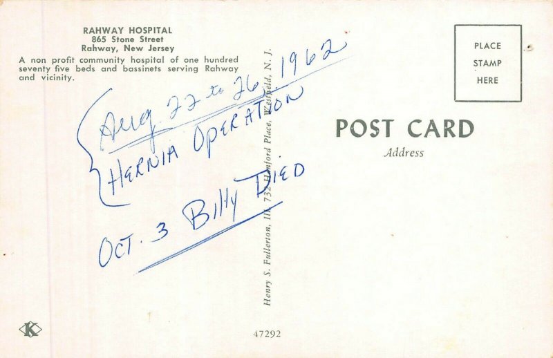 RAHWAY NEW JERSEY-HOSPITAL~STONE ST-WHERE BILY DIED IN 1962 POSTCARD
