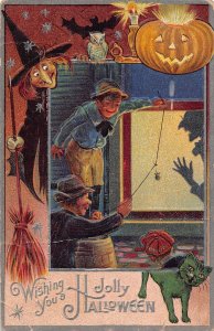 J87/ Halloween Postcard Holiday c1910 Witch Child Shadows Cat Owl 70