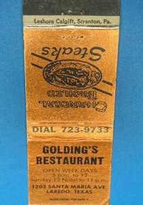 Golding's Restaurant Laredo TX Texas Vintage Matchbook Cover MB160