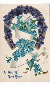 NEW YEAR, PU-1908; Violet Horse Shoe, Forget-Me-Nots, White Ribbon