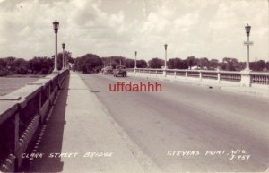 CLARK STREET BRIDGE. STEVENS POINT, WI RPPC J-959 1940's autos