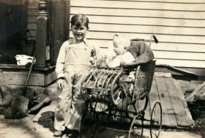 C.1910 RPPC Adorable Boy & Baby Buggy Kidd Family Centralia, IL. Postcard P165 