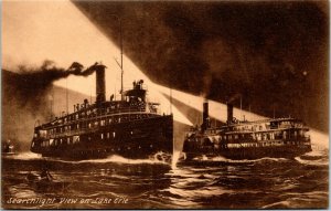 postcard PA - Searchlight View on Lake Erie - steamboats on Lake Erie at night