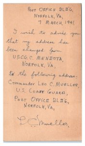 USCG Commander Leo C. Mueller Autograph and WWII Postcard *5U(2)1