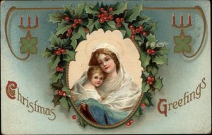 Christmas Nativity Scene Holly Candle Gilt Embossed c1900s-20s Postcard