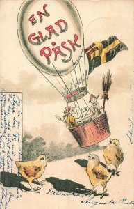 En Glad Påsk!-1908 Swedish Easter Postcard Hot Air Balloon Chicks Gnomes Posted