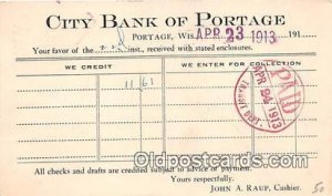 City Bank of Portage, Marshall & Nsley Bank Milwaukee, Wis, USA 1913 Missing ...