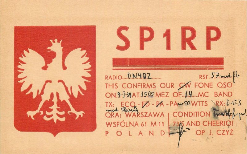 Radio Amateur Station QSL card POLAND WARSAW SP1RP