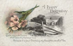 Vintage Postcard 1910'S A Happy Birthday Flower Bouquet House Landscape