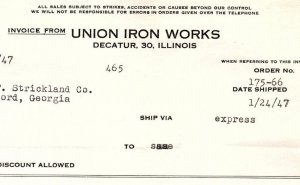 1947 UNION IRON WORKS DECATUR ILLINOIS R.F. STRICKLAND INVOICE BILLHEAD Z820