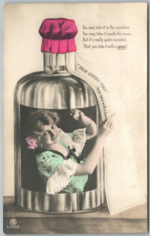 BOTTLED GIRL ADVERTISING ANTIQUE REAL PHOTO POSTCARD RPPC TREW-LUVER'S TONIC