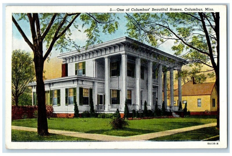 c1940 One Columbus Beautiful Homes Columbus Mississippi Vintage Antique Postcard
