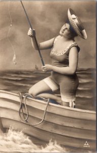 Real Photo PC Woman Wearing Bathing Swim Suit Photo Studio Boat Fishing Pole