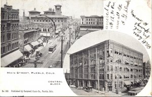 Postcard CO Pueblo Main Street View Central Block Streetcar Shops UDB 1906 V202